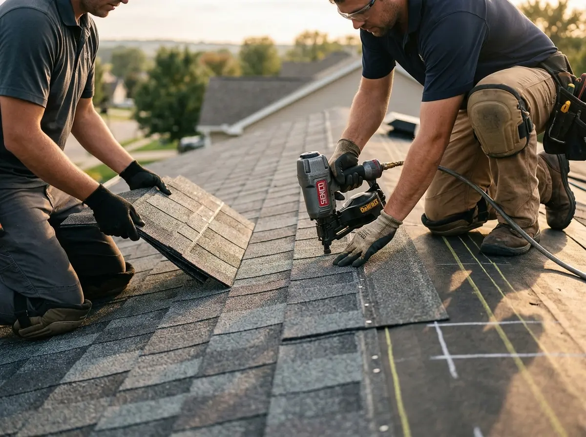 Professional roofer working on a residential roof in West Pleasant View
